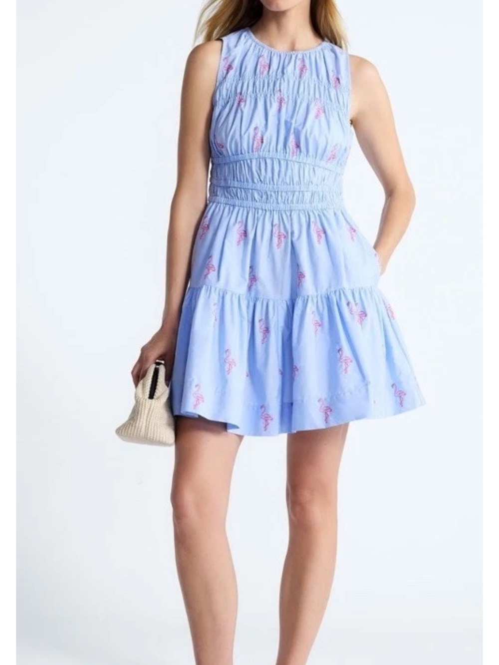 Free Assembly Women’s Sleeveless Blue Dress with Embroidered Flamingos Size M